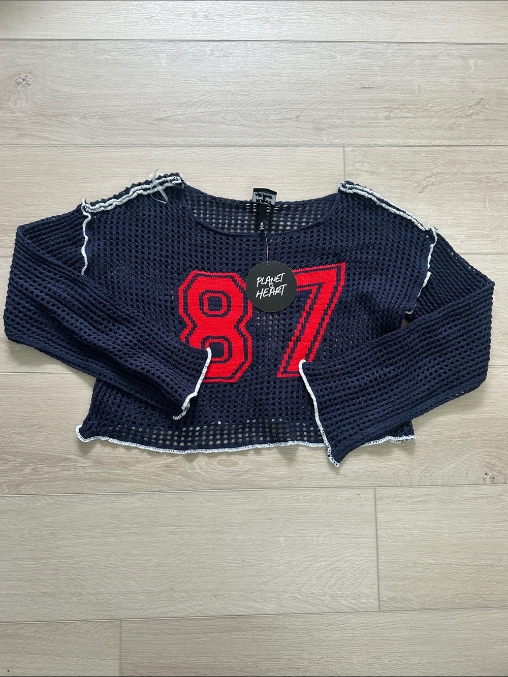 Planet Heart Navy Mesh Cropped Sweater with Red 87